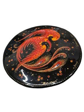 Hand-Painted Lacquer Brooch Firebird Design 2000 Signed 2" Peacock Folklore